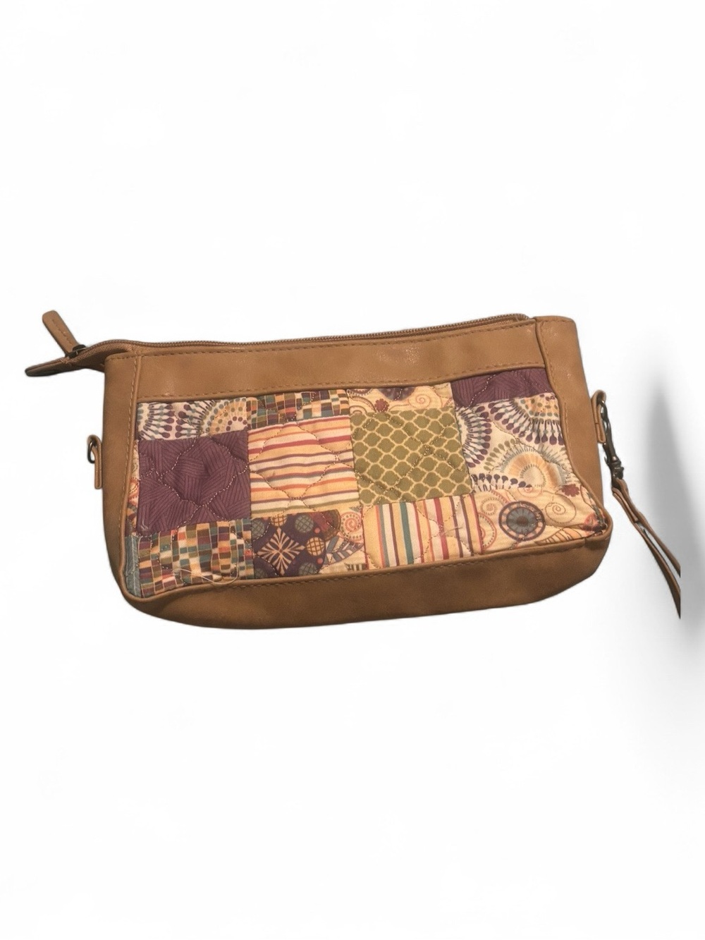 Tan Patchwork Wristlet Clutch with Mosaic Accent